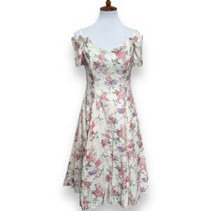 Vintage Karen Lucas For Niki Womens A-Line Dress White Floral Off Shoulder 10